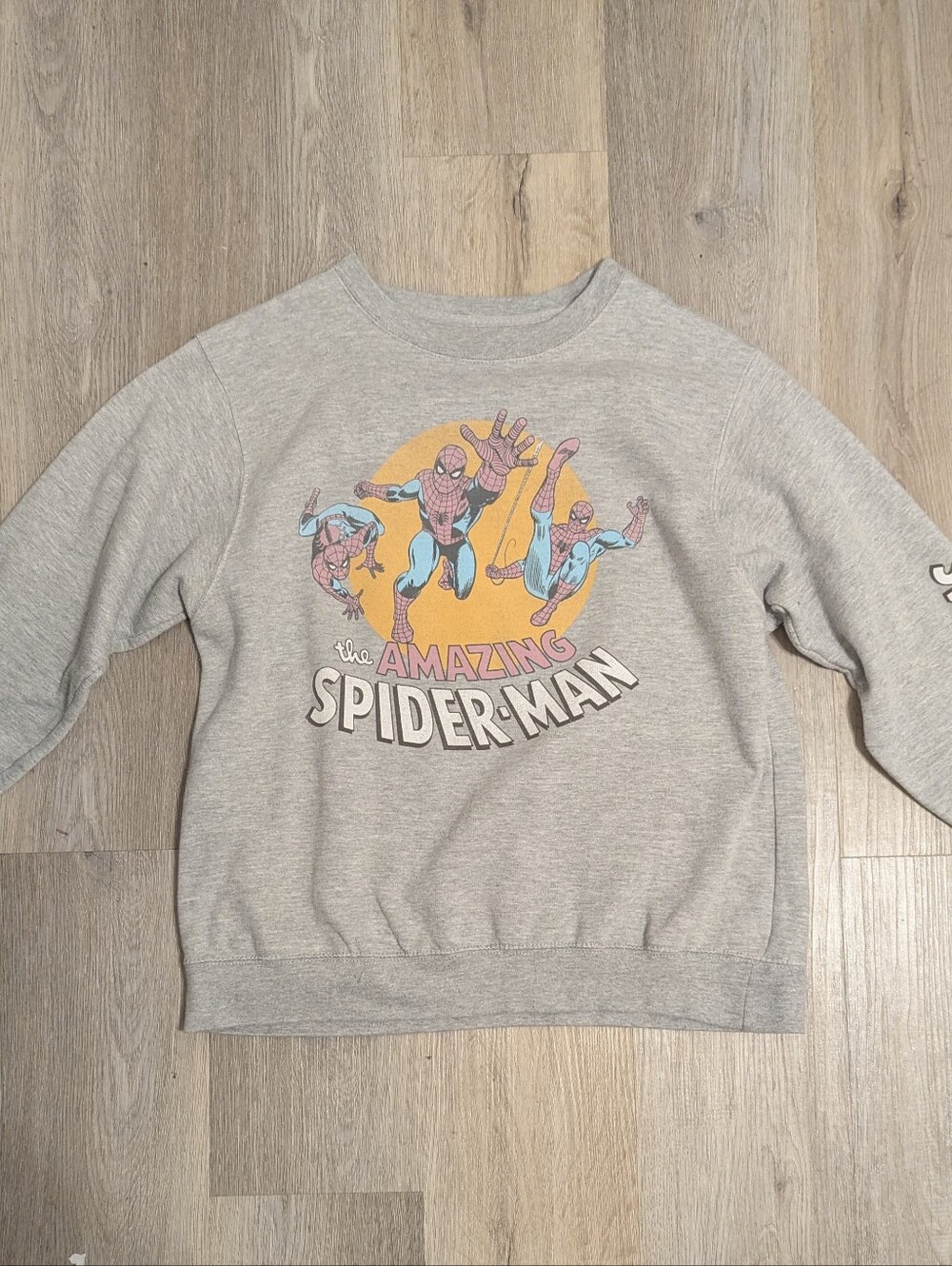 Marvel Gray Crewneck Sweatshirt with Pink, Teal, Yellow Graphic